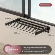 Black foldable clothes rack showing dimensions and no-drill installation method