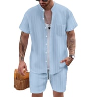 Men's Casual Stand Collar Ribbed Shirt & Shorts Set | Two-Piece — view 7