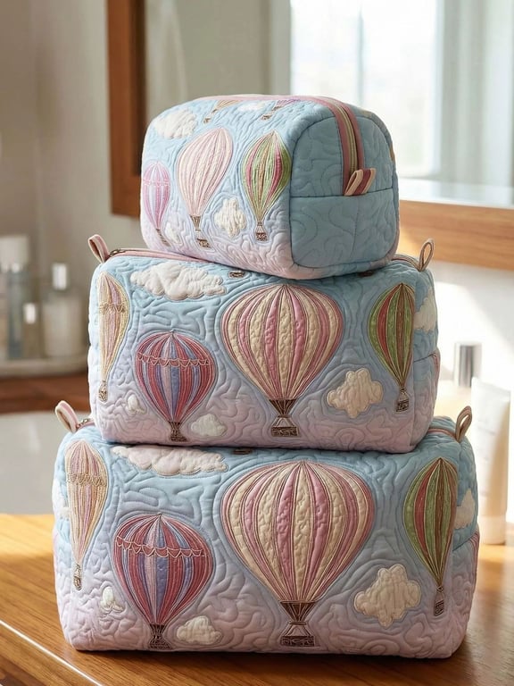 Colorful quilted storage bags displayed on bathroom vanity shelf