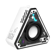 White triangular V2 Bluetooth speaker with visible internal components and black accents