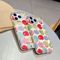 Close-up colorful apple pattern phone case on white surface, detailed Sweet Apple artwork