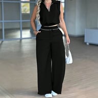 Sleeveless Lapel Top with Pockets & Faux Drawstring Pants Set | Home & Kitchen — view 2