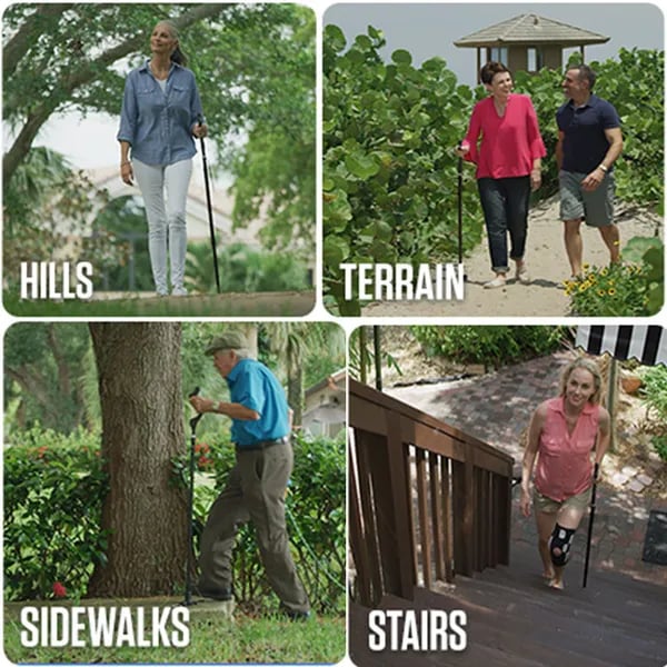 Posture cane on various terrains: hills, gravel, stairs, and sidewalks with stable base