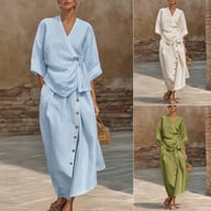 Women's Casual Loose Skirt Two-Piece Set | Linen Wrap Top & Button Skirt — view 8