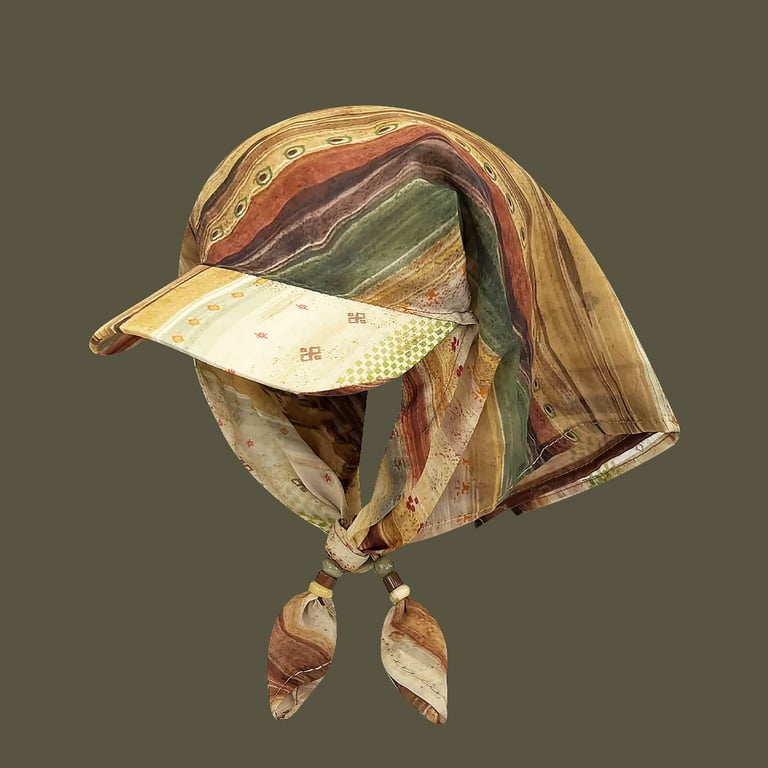 Brown cashew-print headscarf hat with secure beaded ties, active outdoor wear