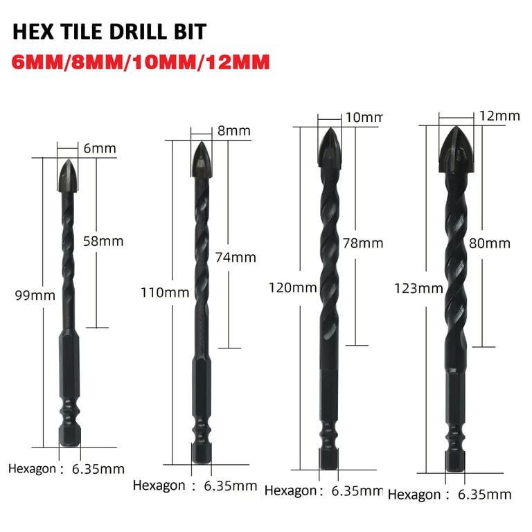 Black oxide coated hex tile drill bits showing durability and professional finish