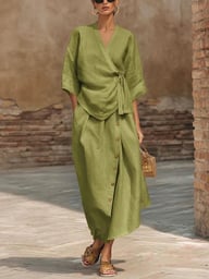 Women's Casual Loose Skirt Two-Piece Set | Linen Wrap Top & Button Skirt — view 6