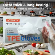 Box of ultra thick powder-free nitrile gloves with food preparation background