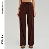 Black high-waisted wide-leg workout pants with drawstring detail
