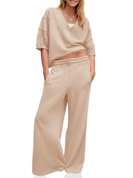 Women's 2 Piece Wide Leg Tracksuit Set | V Neck Casual Workout — view 7