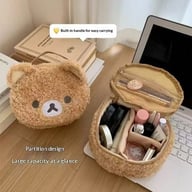 Open and closed cute bear makeup bag showing interior capacity and soft lambswool exterior