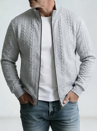 Gray textured jacquard bomber jacket with stand-up collar, men's casual style