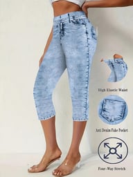 Denim-Look High-Stretch Capri Leggings | Summer High-Waisted Tight-Fit — view 7