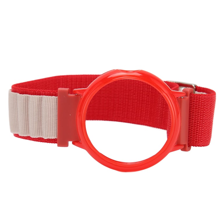Close-up of durable red bumper case and metal buckle for Google Pixel watch