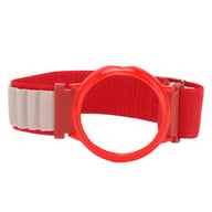 Front view of red woven nylon watch band and protective bumper case for Pixel Watch