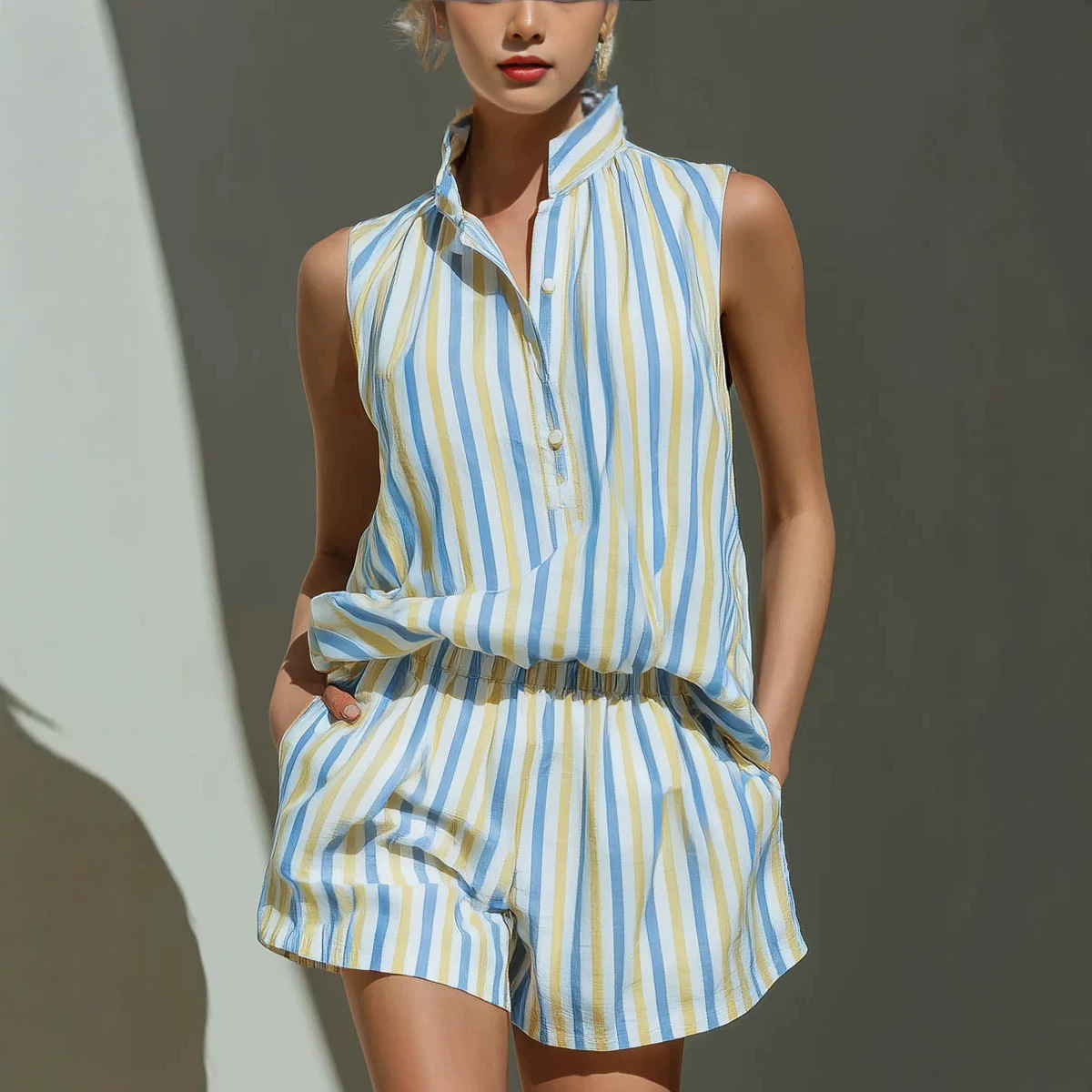 Sleeveless Striped Vest and Shorts Set | Casual Two-Piece Outfit