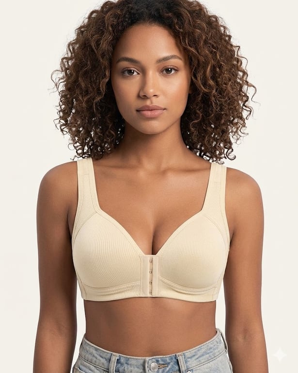 Close-up of beige front closure wireless bra showing ribbed fabric quality and stitching