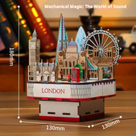 London skyline music box dimensions shown in centimeters with hand-crank mechanism visible