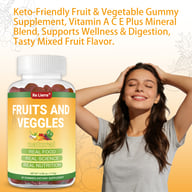 Woman with ketogenic fruit and vegetable gummies highlighting wellness and energy benefits