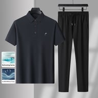 Dark blue men's ice silk polo and pants, breathable coordinated casual outfit