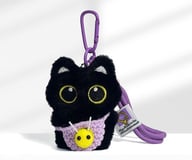 Black cat pendant keychain with purple bee bib attached to purse