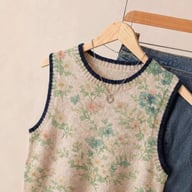 Close-up of floral knitted vest with navy trim and necklace