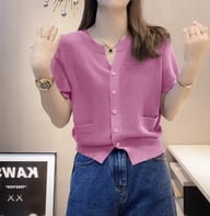 Womens Round-neck Blue Ice-silk Knitted T-shirt Top — view 6