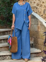 Striped Two-Piece Set | Asymmetrical Shirt & Loose Pants for Women — view 9