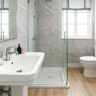 Elegant bathroom wall decorated with marble tile stickers creating luxury look
