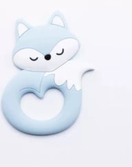 Light blue cartoon fox teether with textured loop handle for gripping