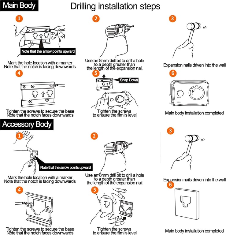 Step-by-step installation guide showing drill-free and permanent mounting options