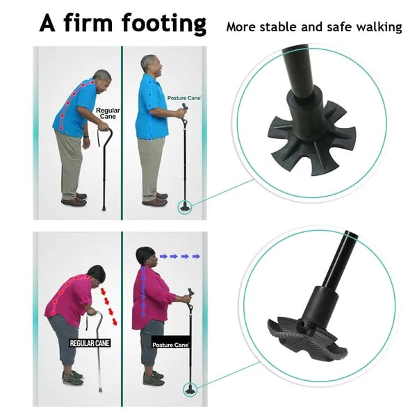 Posture cane adjustable height mechanism and stable multi-pronged base detail