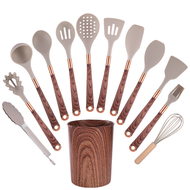 Silicone Wood-Grain Kitchen Utensil Set 12 Pieces Non-Stick Spatula