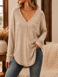 Women's Loose-Fit V-Neck Long-Sleeve Waffle Knit T-Shirt | Captain Fam — view 5