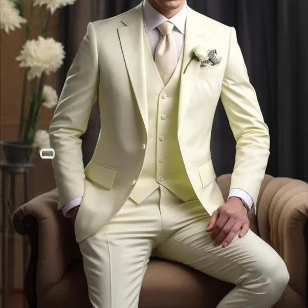 Light yellow formal business suit with five-button vest and tie