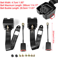Seat belt kit dimensions showing width, length, and buckle specifications