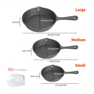 Cast iron skillet set dimensions with included accessories and cooking examples