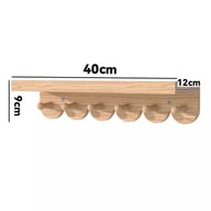 Light wood wall-mounted shelf with rounded mushroom coat hooks in living room display