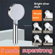Chrome shower head with five spray modes displayed in graphics