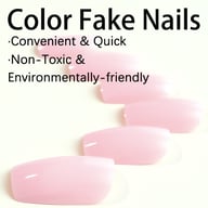 Close-up of light pink press-on nails displaying smooth finish and square shape