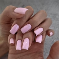 Before and after press-on nail application process with light pink square nails