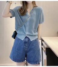 Womens Round-neck Blue Ice-silk Knitted T-shirt Top — view 9