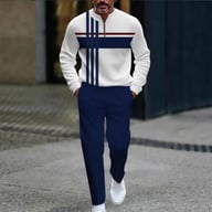 Man in white and blue casual long-sleeve pants set relaxed fit