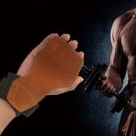 Leather weightlifting gloves with wrist support shown in active use during barbell training session