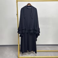 Black women's modest robe set with attached hijab on hanger