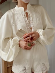 Off-White Ice-Silk Satin Lace-Trimmed Tie-Front Womens Pajama Set — view 9