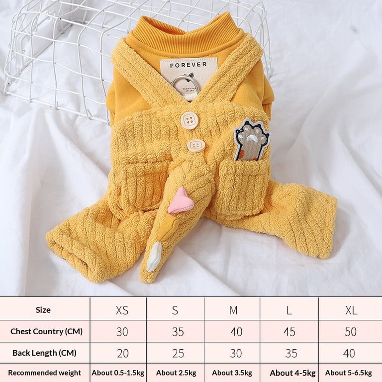 Yellow dog jumpsuit with overalls displayed on small breed showing snug fit