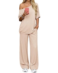 Off-Shoulder Loose Two-Piece Set | Wide-Leg Pants & Casual Top — view 4
