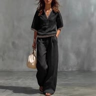 Black cotton-linen casual two-piece set with button-front shirt and elastic waistband