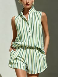 Woman in green and white striped sleeveless vest and shorts two-piece outfit